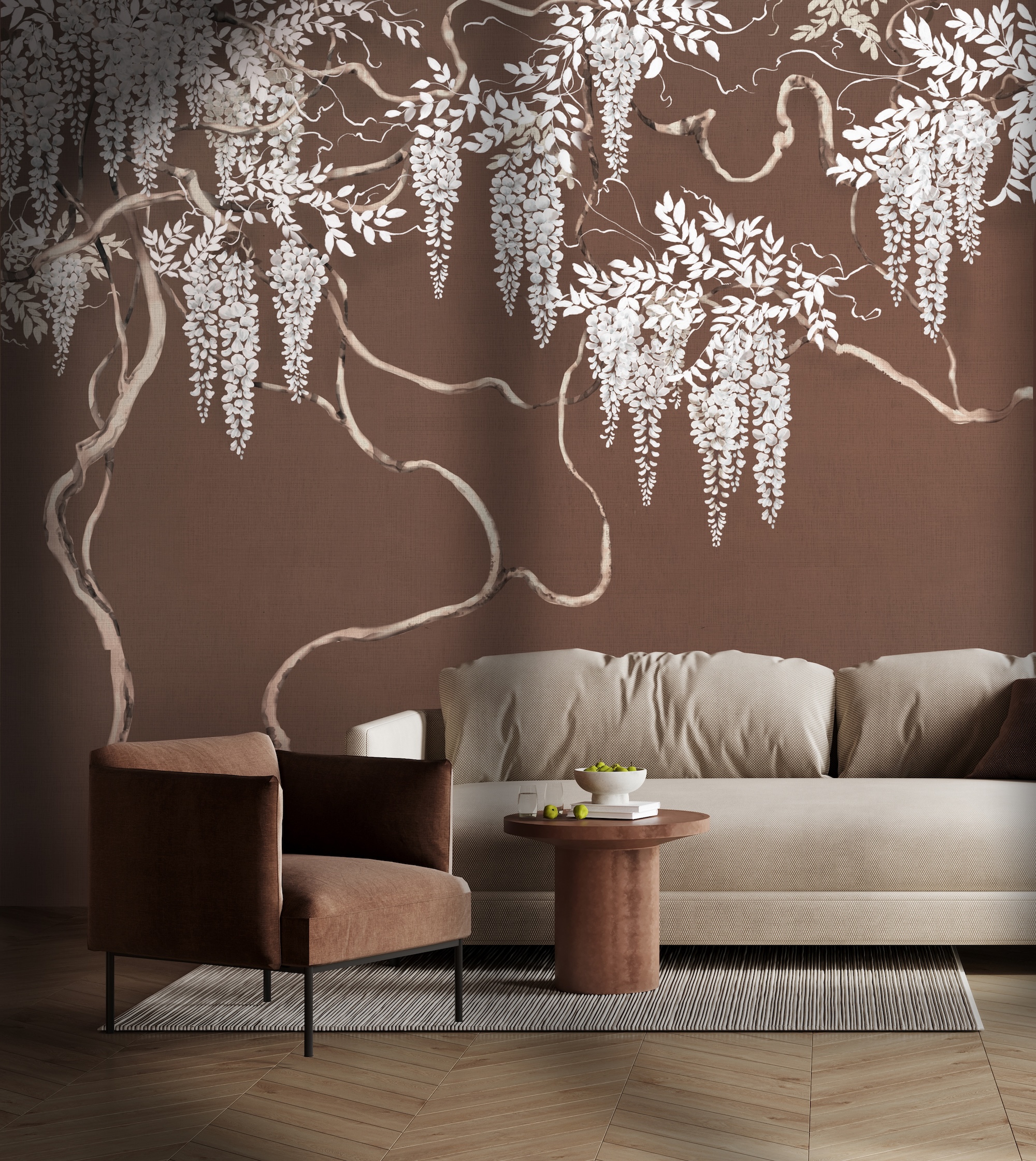 Luxury living room in warm Mocha mousse 2025 color trend. Brown walls, light gray lounge furniture. Empty background microcement for art